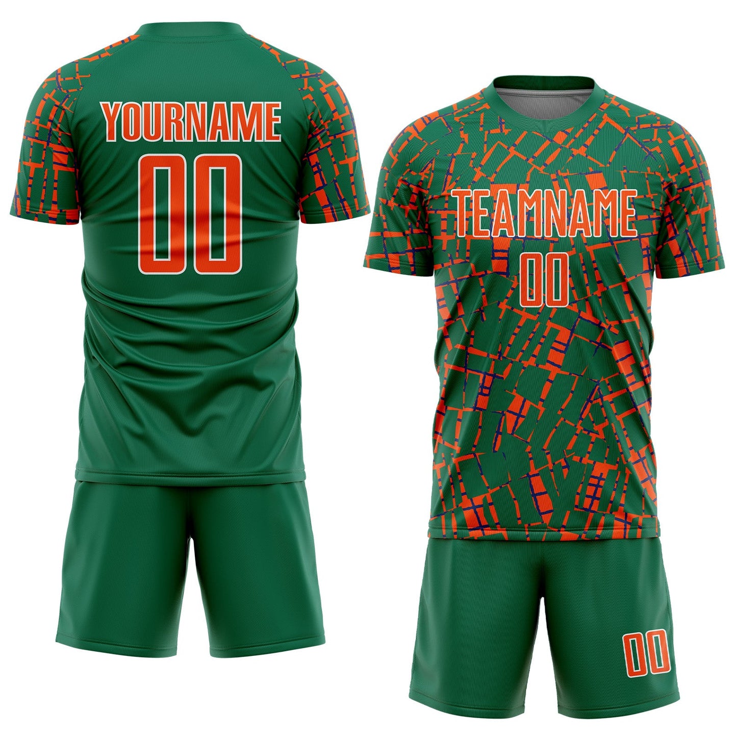 Custom Kelly Green Orange-White Abstract Line Sports Sublimation Soccer Uniform Jersey view 2