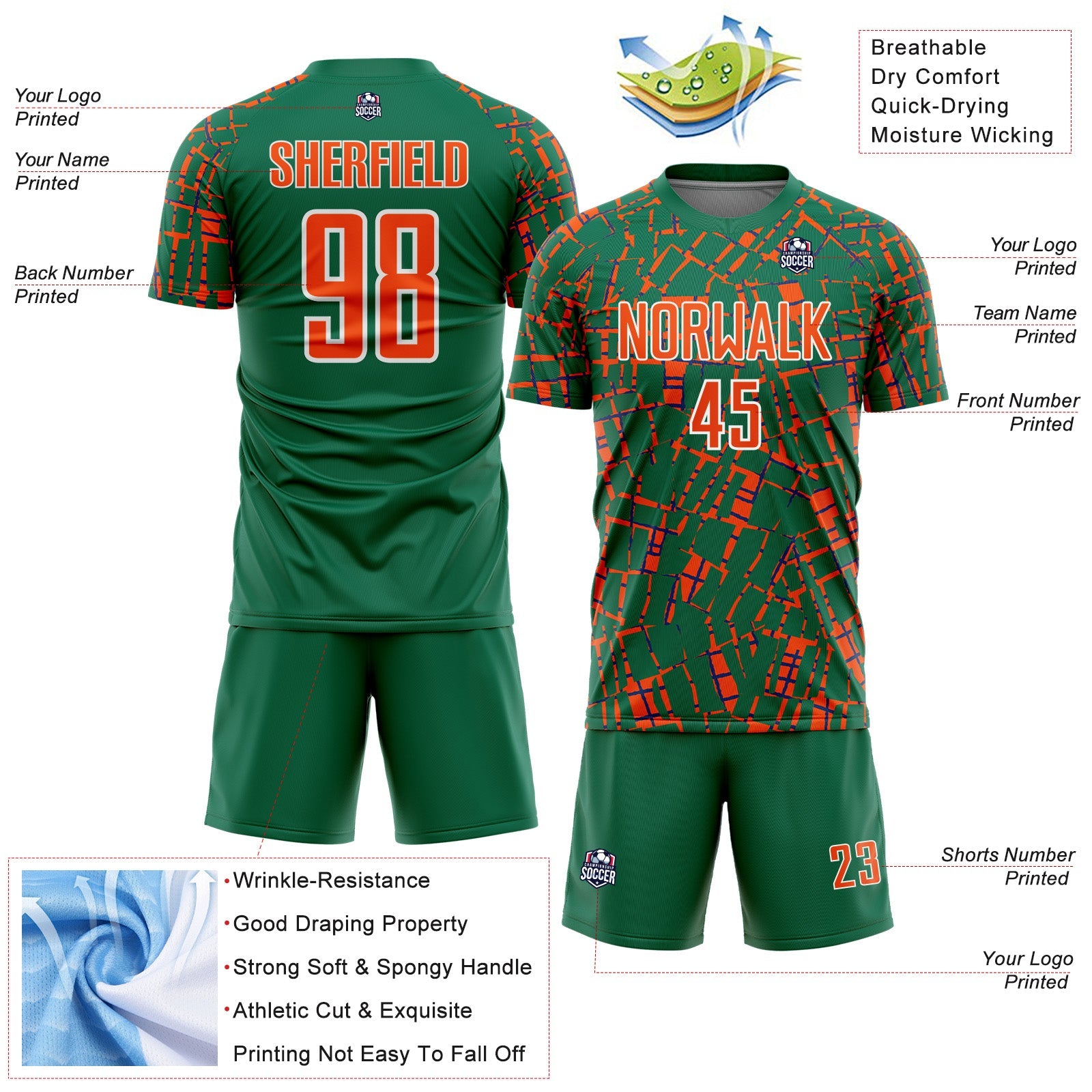 Custom Kelly Green Orange-White Abstract Line Sports Sublimation Soccer Uniform Jersey view 4