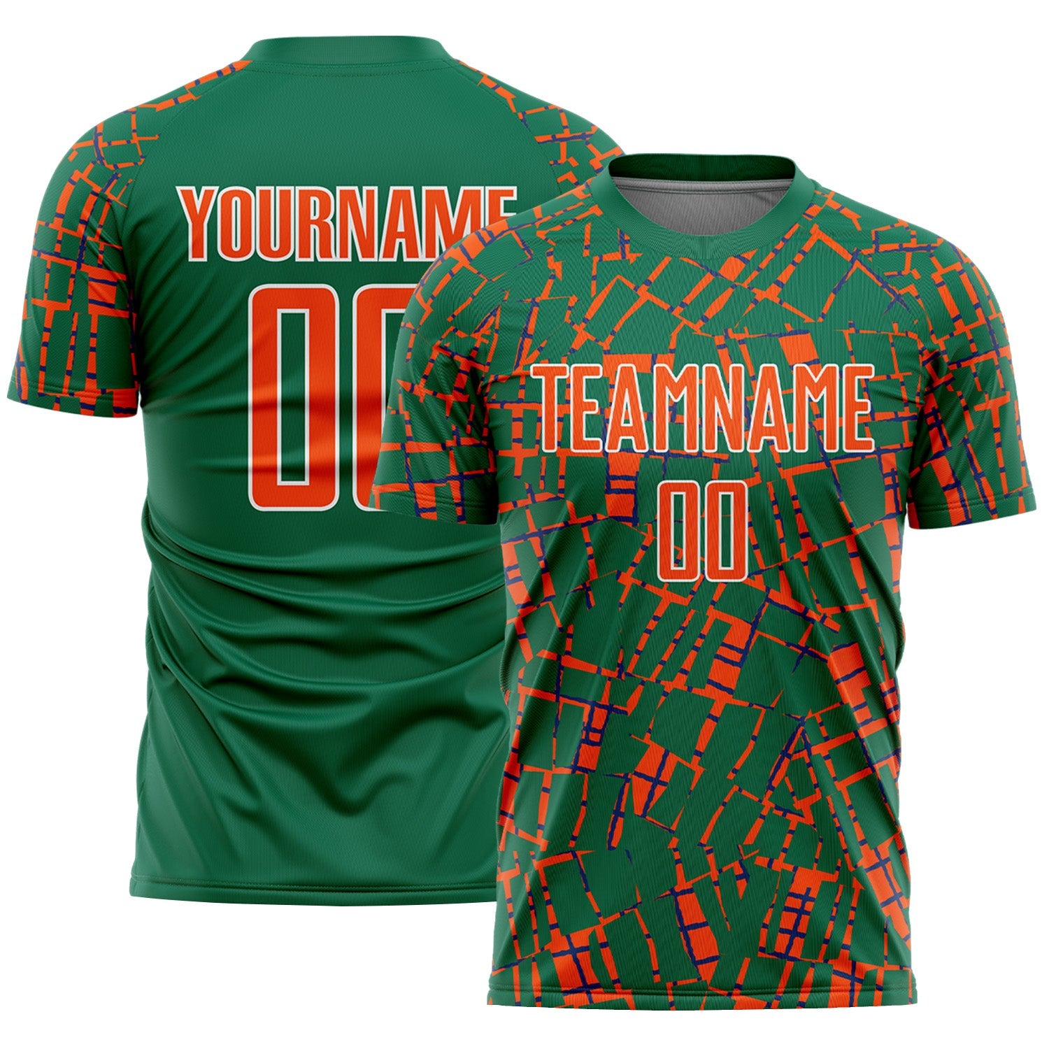 Custom Kelly Green Orange-White Abstract Line Sports Sublimation Soccer Uniform Jersey - Main View