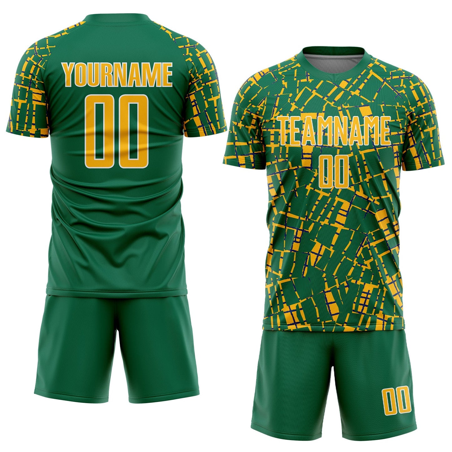Custom Kelly Green Gold-White Abstract Line Sports Sublimation Soccer Uniform Jersey view 2
