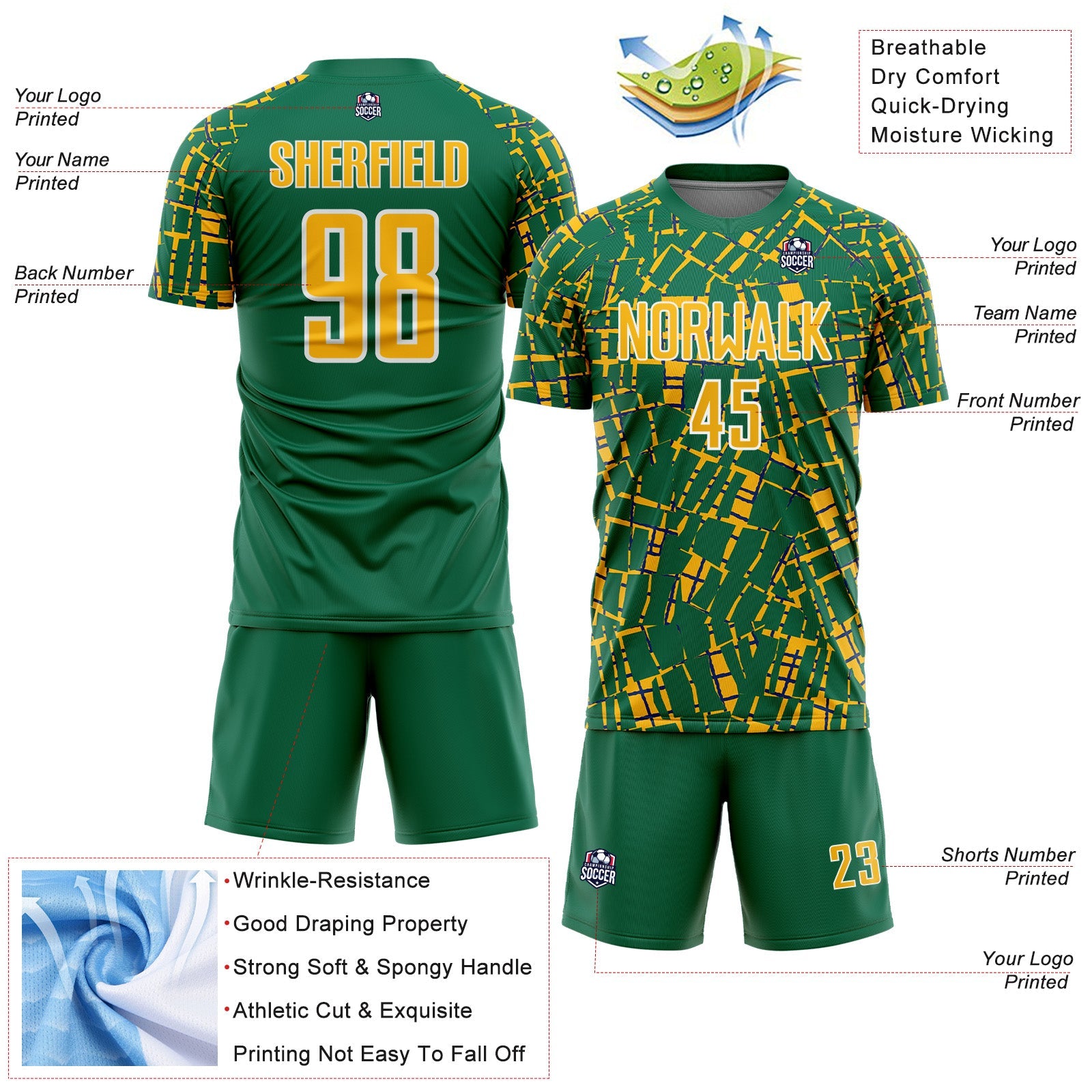 Custom Kelly Green Gold-White Abstract Line Sports Sublimation Soccer Uniform Jersey view 4