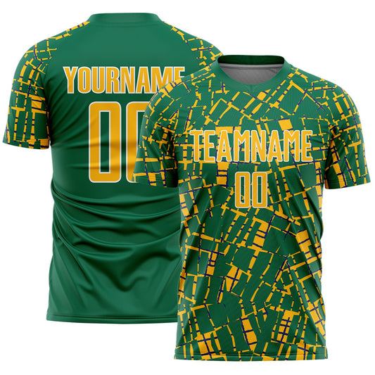 Custom Kelly Green Gold-White Abstract Line Sports Sublimation Soccer Uniform Jersey - Main View