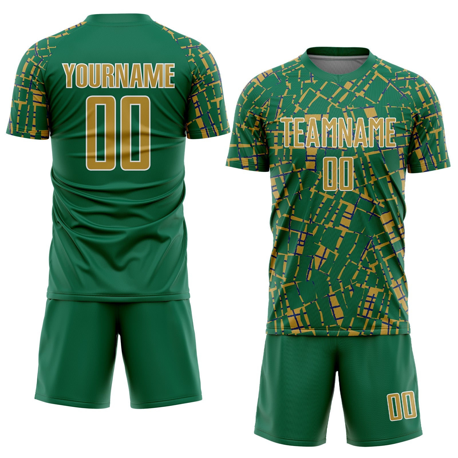 Custom Kelly Green Old Gold-White Abstract Line Sports Sublimation Soccer Uniform Jersey view 2