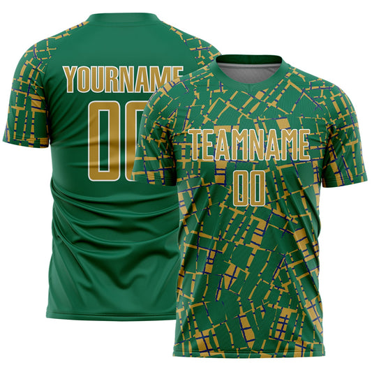 Custom Kelly Green Old Gold-White Abstract Line Sports Sublimation Soccer Uniform Jersey - Main View