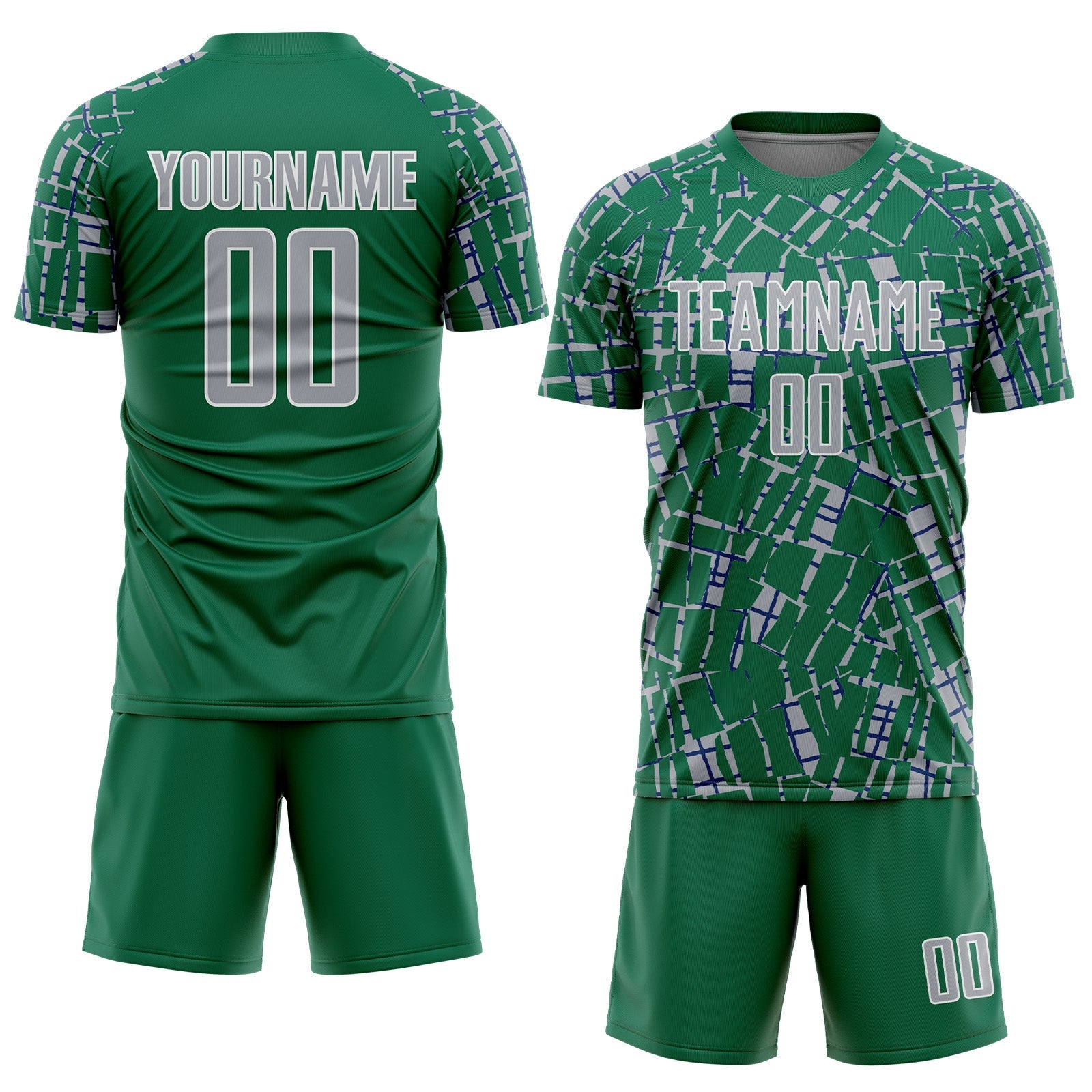 Custom Kelly Green Gray-White Abstract Line Sports Sublimation Soccer Uniform Jersey view 2
