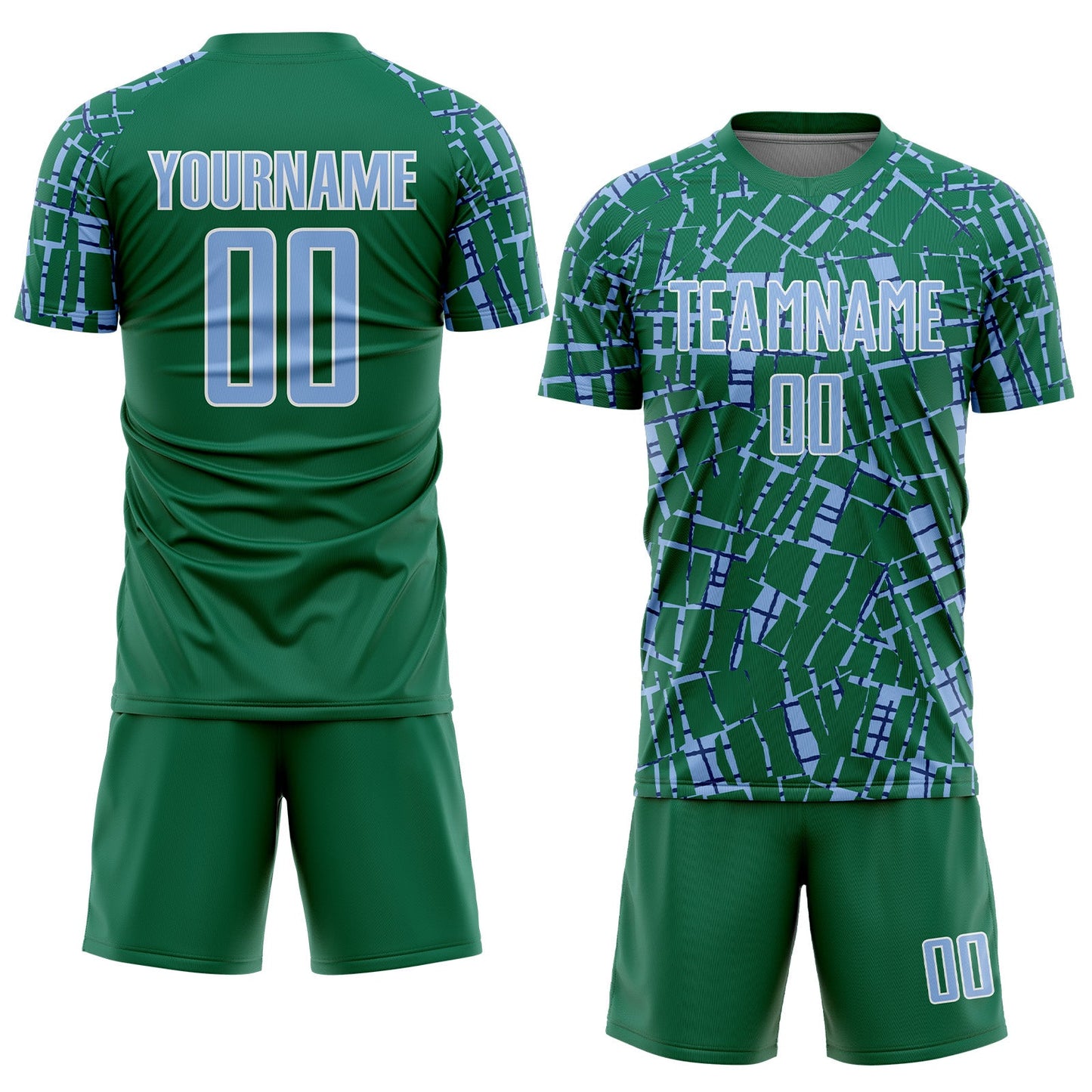 Custom Kelly Green Light Blue-White Abstract Line Sports Sublimation Soccer Uniform Jersey view 2