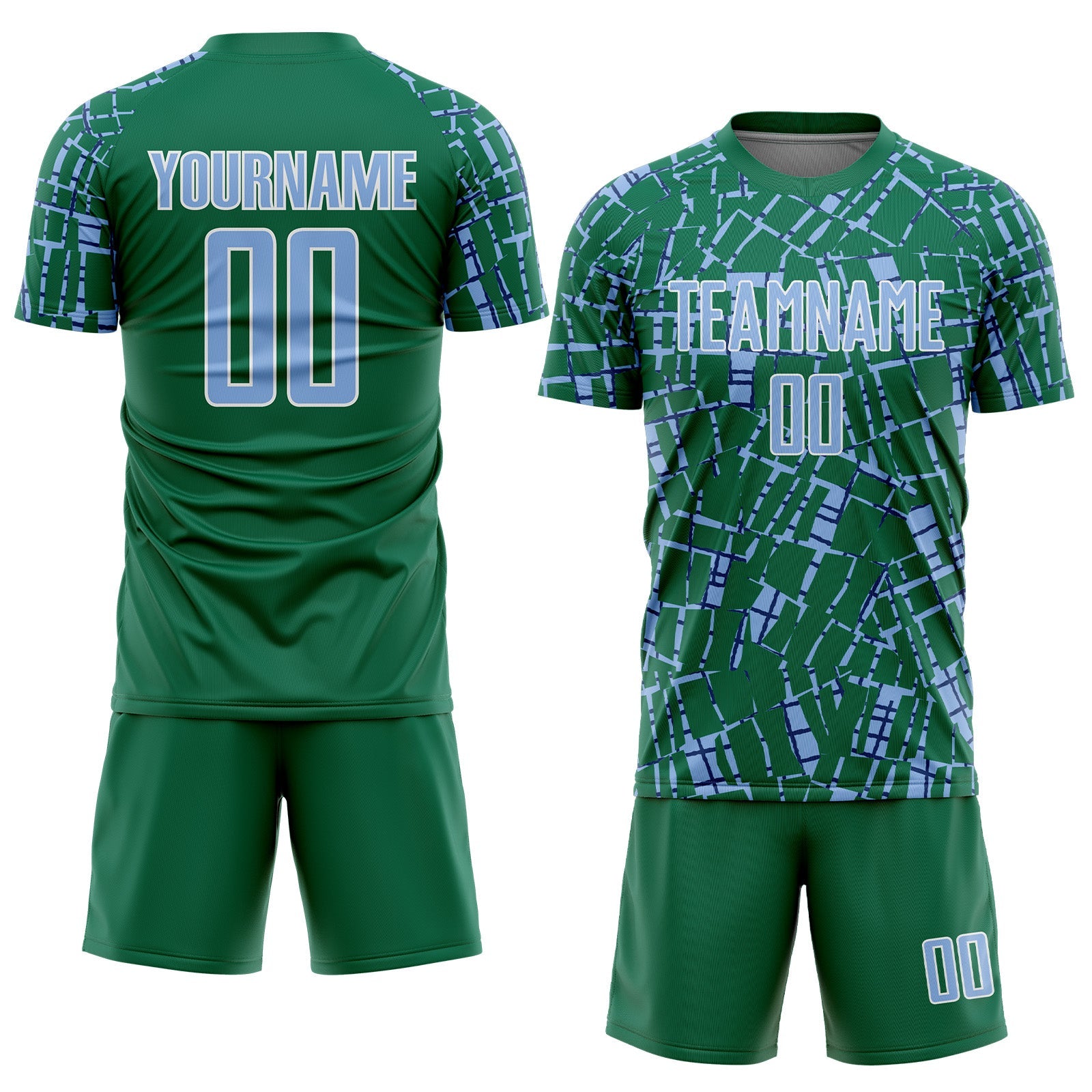 Custom Kelly Green Light Blue-White Abstract Line Sports Sublimation Soccer Uniform Jersey view 2