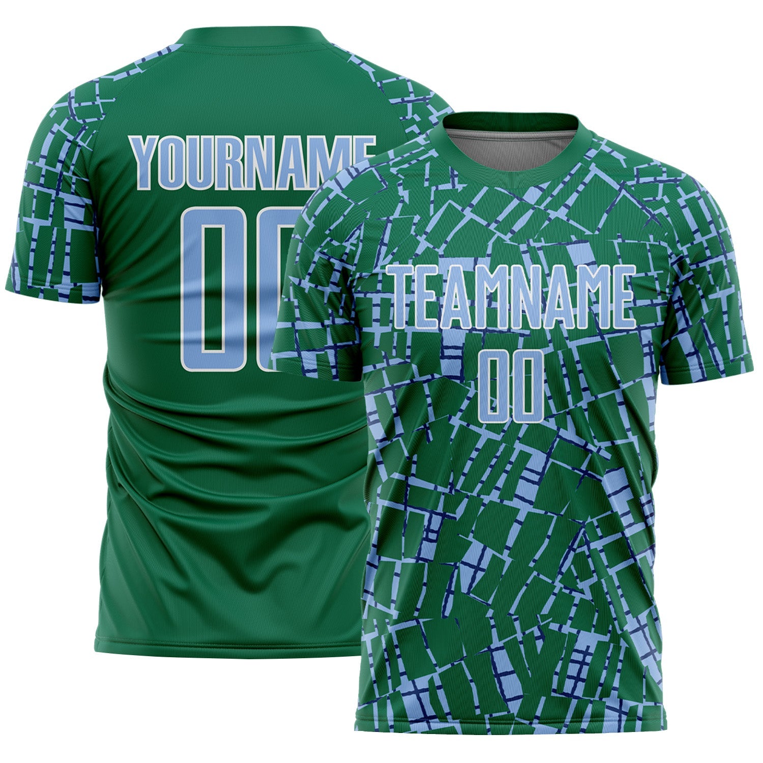 Custom Kelly Green Light Blue-White Abstract Line Sports Sublimation Soccer Uniform Jersey - Main View