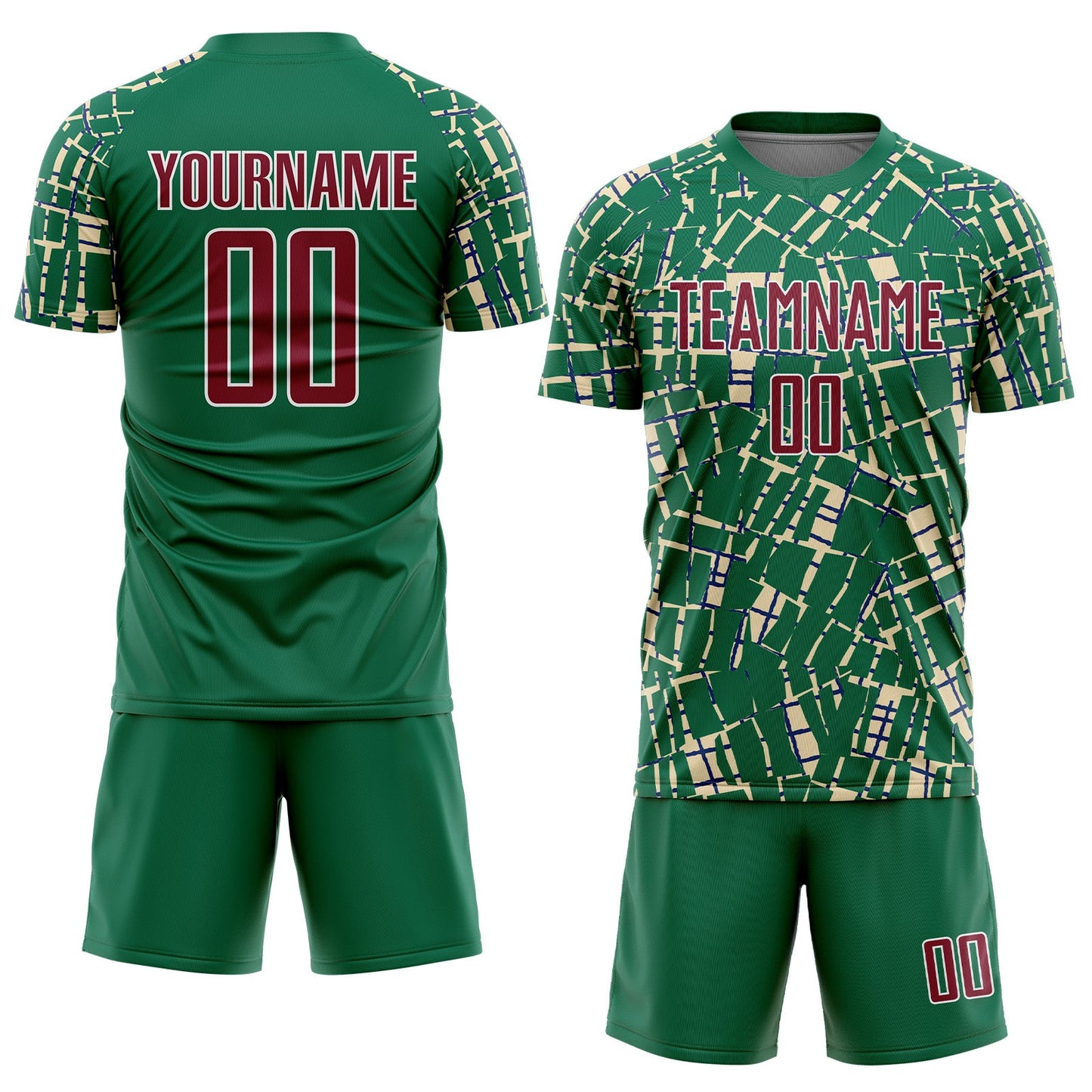 Custom Kelly Green Crimson Cream-White Abstract Line Sports Sublimation Soccer Uniform Jersey view 2