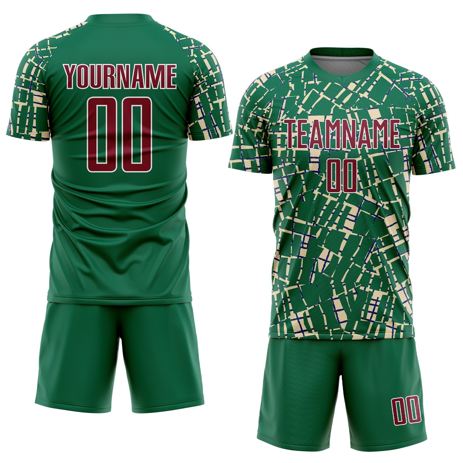 Custom Kelly Green Crimson Cream-White Abstract Line Sports Sublimation Soccer Uniform Jersey view 2