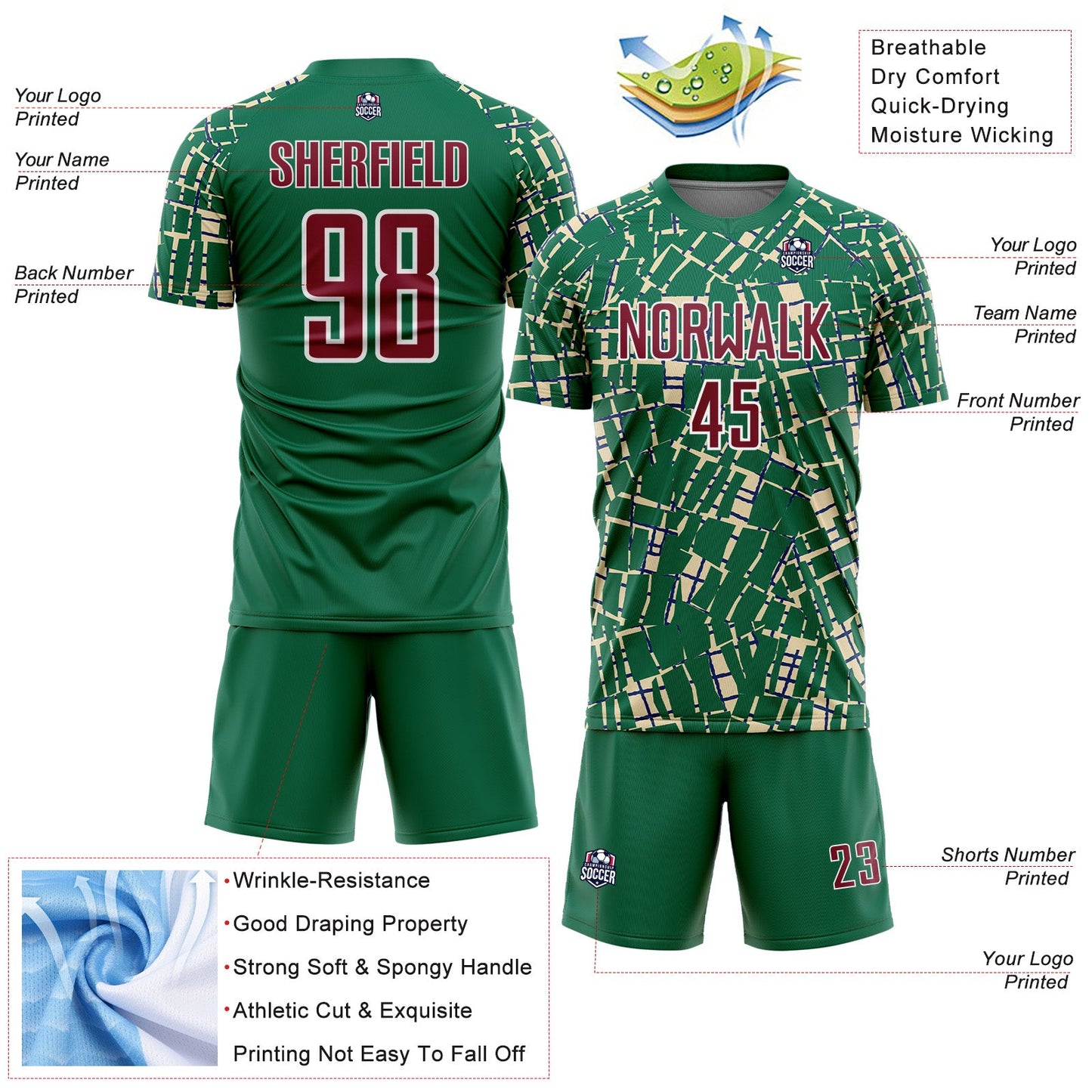 Custom Kelly Green Crimson Cream-White Abstract Line Sports Sublimation Soccer Uniform Jersey view 4