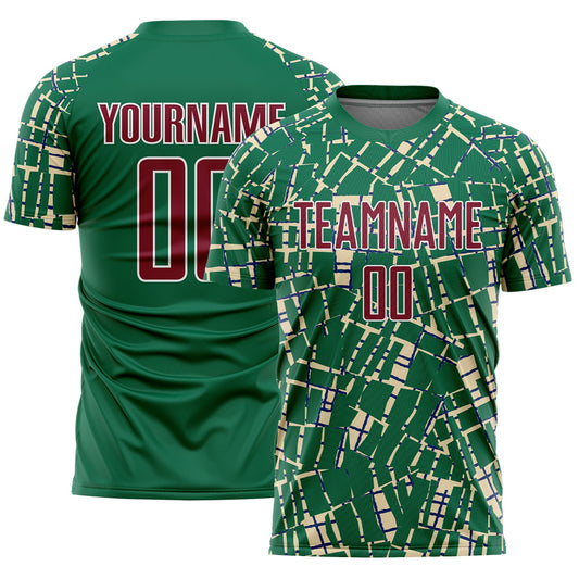 Custom Kelly Green Crimson Cream-White Abstract Line Sports Sublimation Soccer Uniform Jersey - Main View