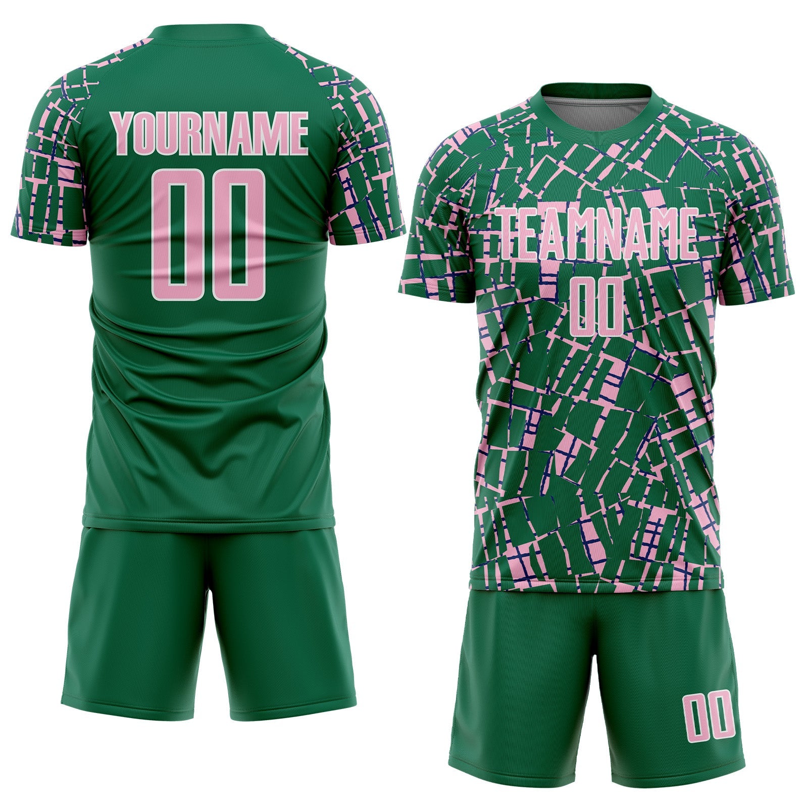 Custom Kelly Green Light Pink-White Abstract Line Sports Sublimation Soccer Uniform Jersey view 2