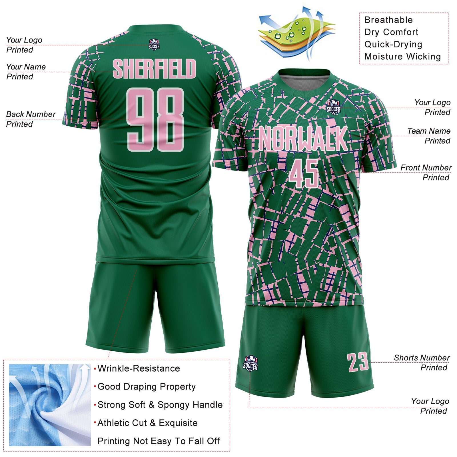 Custom Kelly Green Light Pink-White Abstract Line Sports Sublimation Soccer Uniform Jersey view 4
