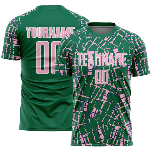 Custom Kelly Green Light Pink-White Abstract Line Sports Sublimation Soccer Uniform Jersey - Main View