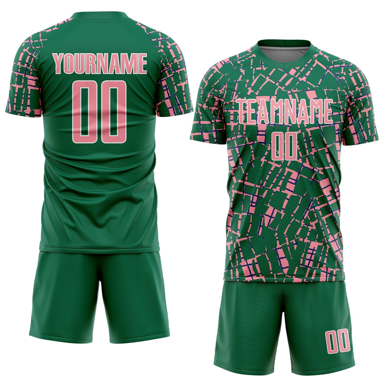 Custom Kelly Green Medium Pink-White Abstract Line Sports Sublimation Soccer Uniform Jersey view 2