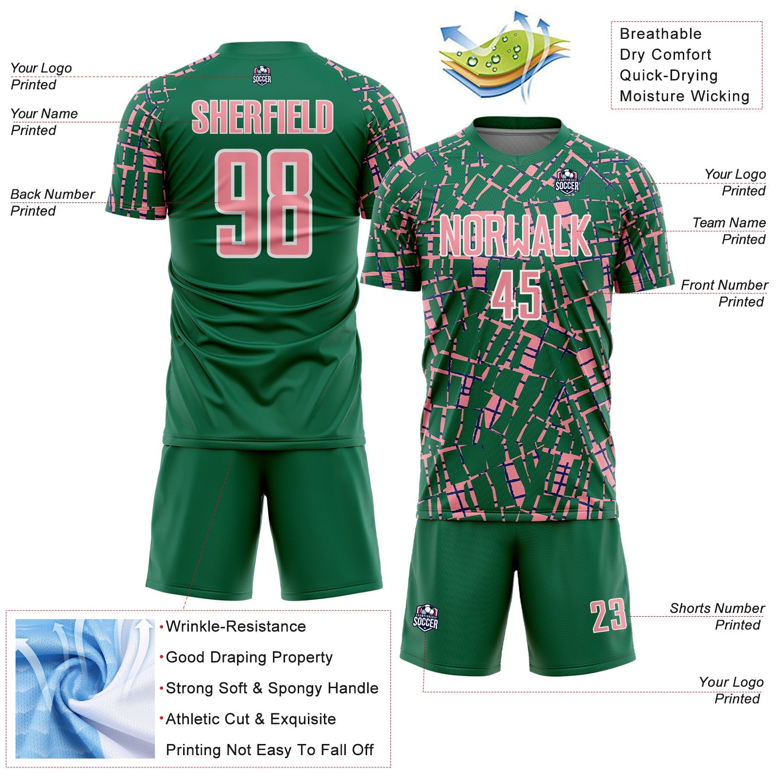 Custom Kelly Green Medium Pink-White Abstract Line Sports Sublimation Soccer Uniform Jersey view 4