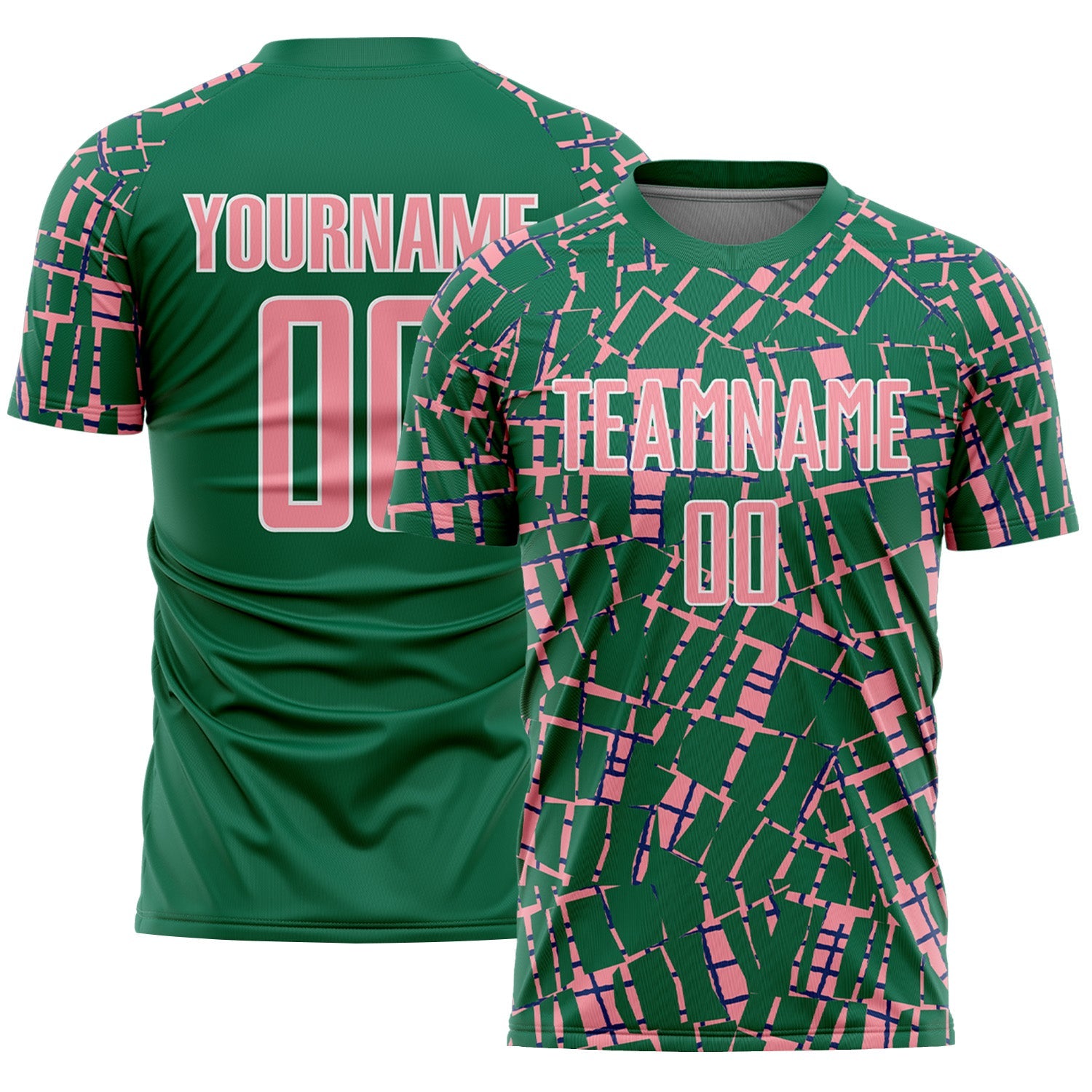 Custom Kelly Green Medium Pink-White Abstract Line Sports Sublimation Soccer Uniform Jersey - Main View