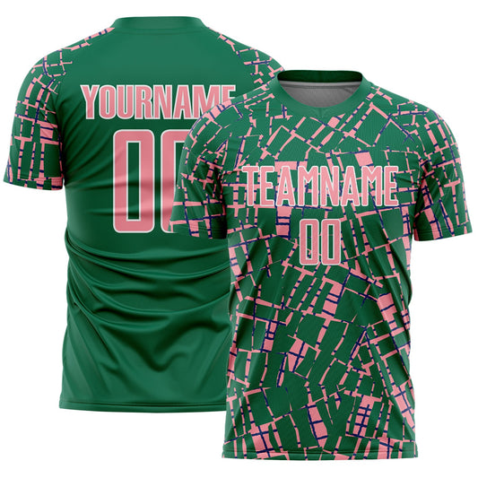 Custom Kelly Green Medium Pink-White Abstract Line Sports Sublimation Soccer Uniform Jersey - Main View