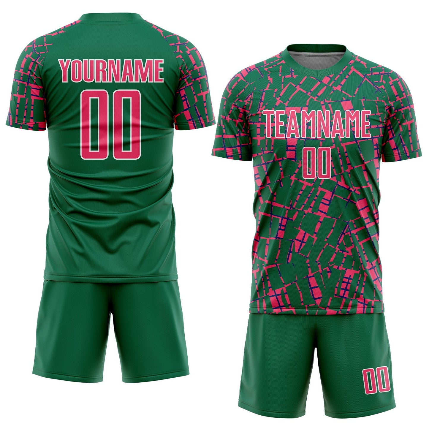 Custom Kelly Green Neon Pink-White Abstract Line Sports Sublimation Soccer Uniform Jersey view 2