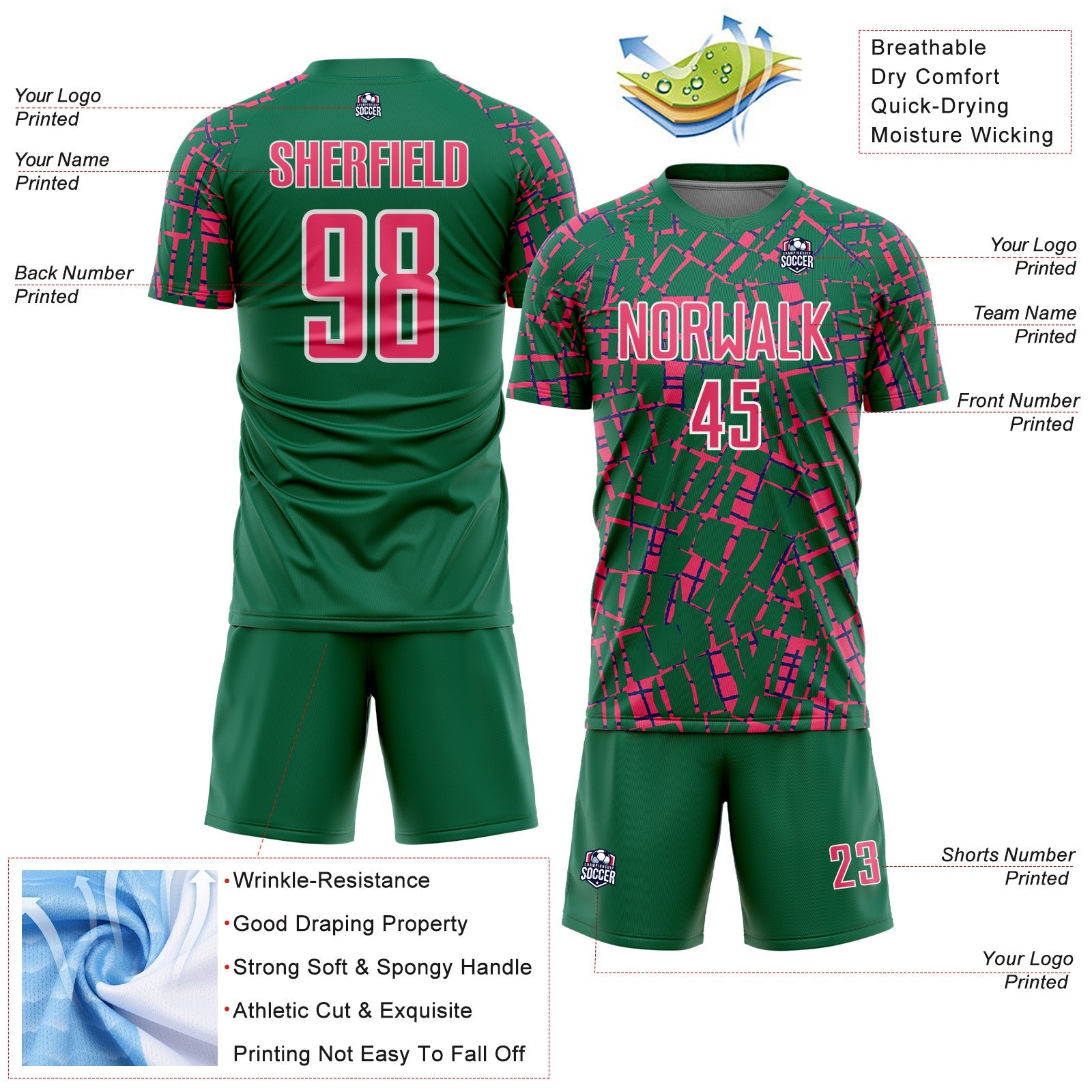 Custom Kelly Green Neon Pink-White Abstract Line Sports Sublimation Soccer Uniform Jersey view 4