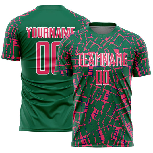 Custom Kelly Green Neon Pink-White Abstract Line Sports Sublimation Soccer Uniform Jersey - Main View