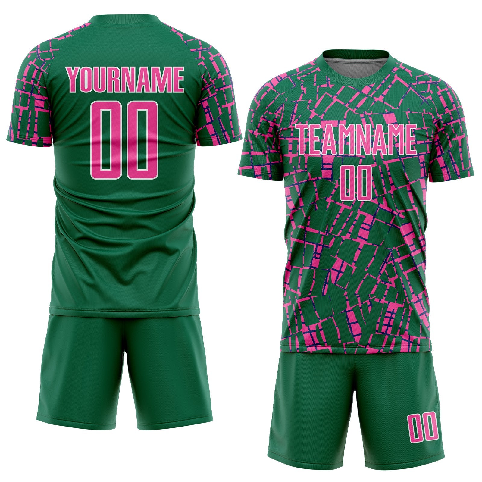 Custom Kelly Green Pink-White Abstract Line Sports Sublimation Soccer Uniform Jersey view 2