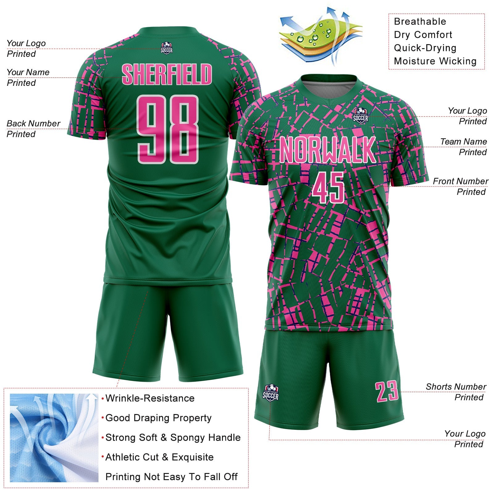 Custom Kelly Green Pink-White Abstract Line Sports Sublimation Soccer Uniform Jersey view 4