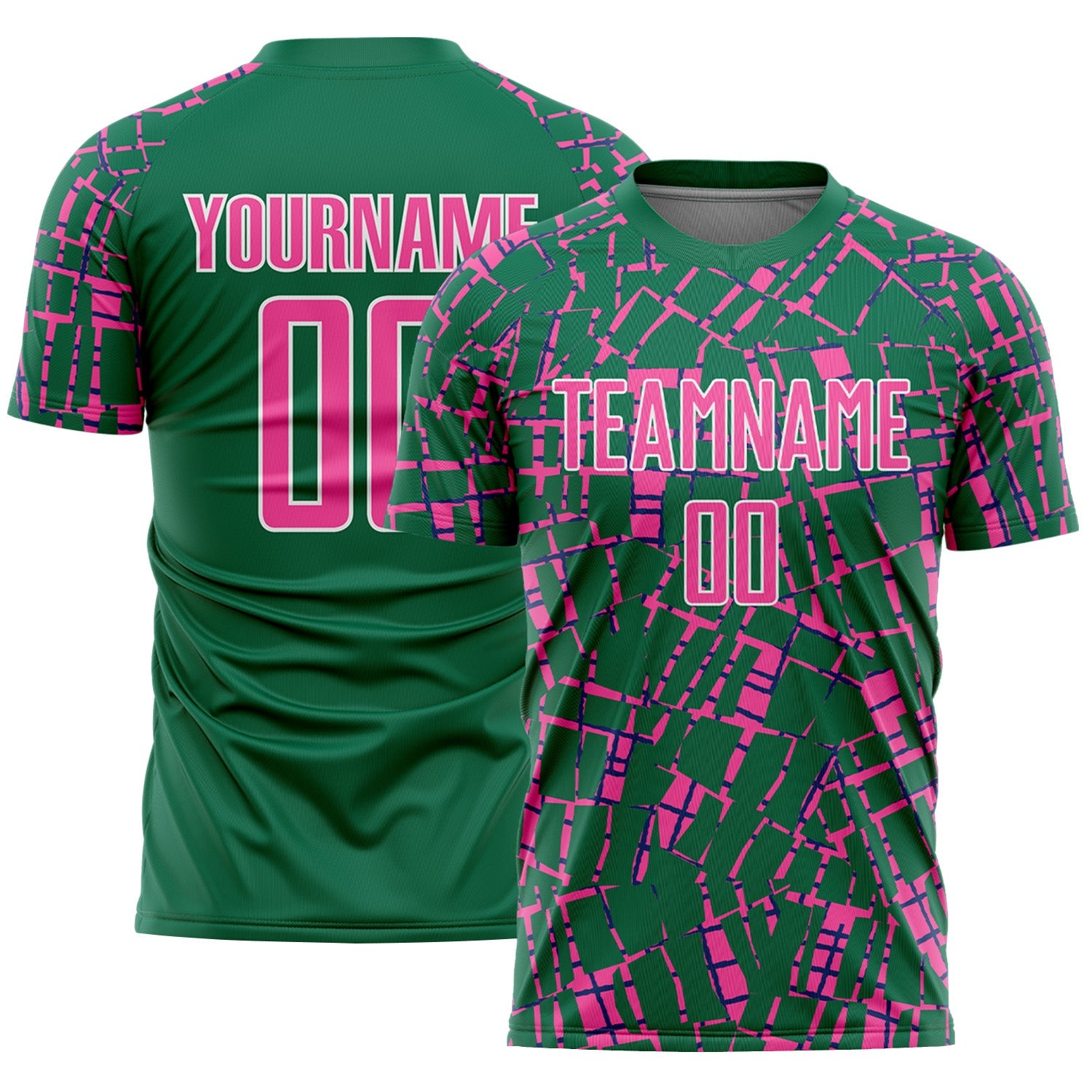 Custom Kelly Green Pink-White Abstract Line Sports Sublimation Soccer Uniform Jersey - Main View