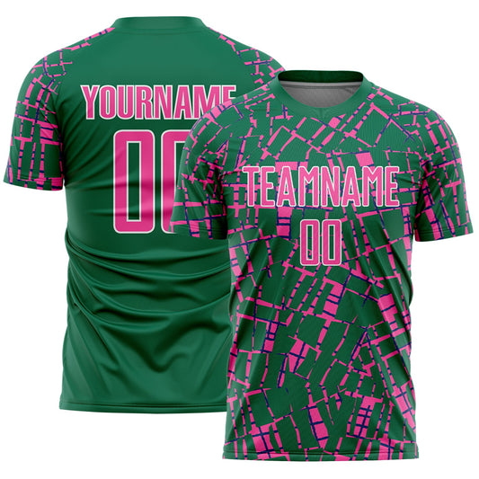 Custom Kelly Green Pink-White Abstract Line Sports Sublimation Soccer Uniform Jersey - Main View