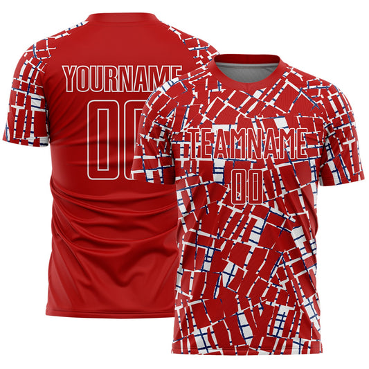 Custom Red White-Blue Abstract Line Sports Sublimation Soccer Uniform Jersey - Main View