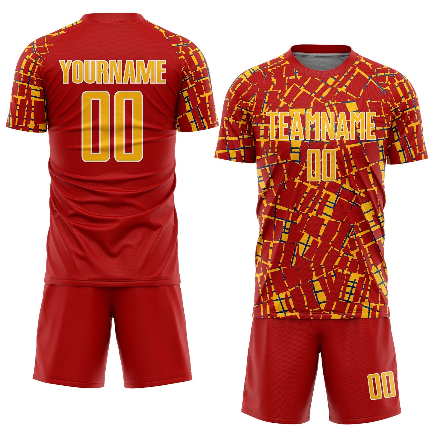 Custom Red Gold White-Blue Abstract Line Sports Sublimation Soccer Uniform Jersey view 2