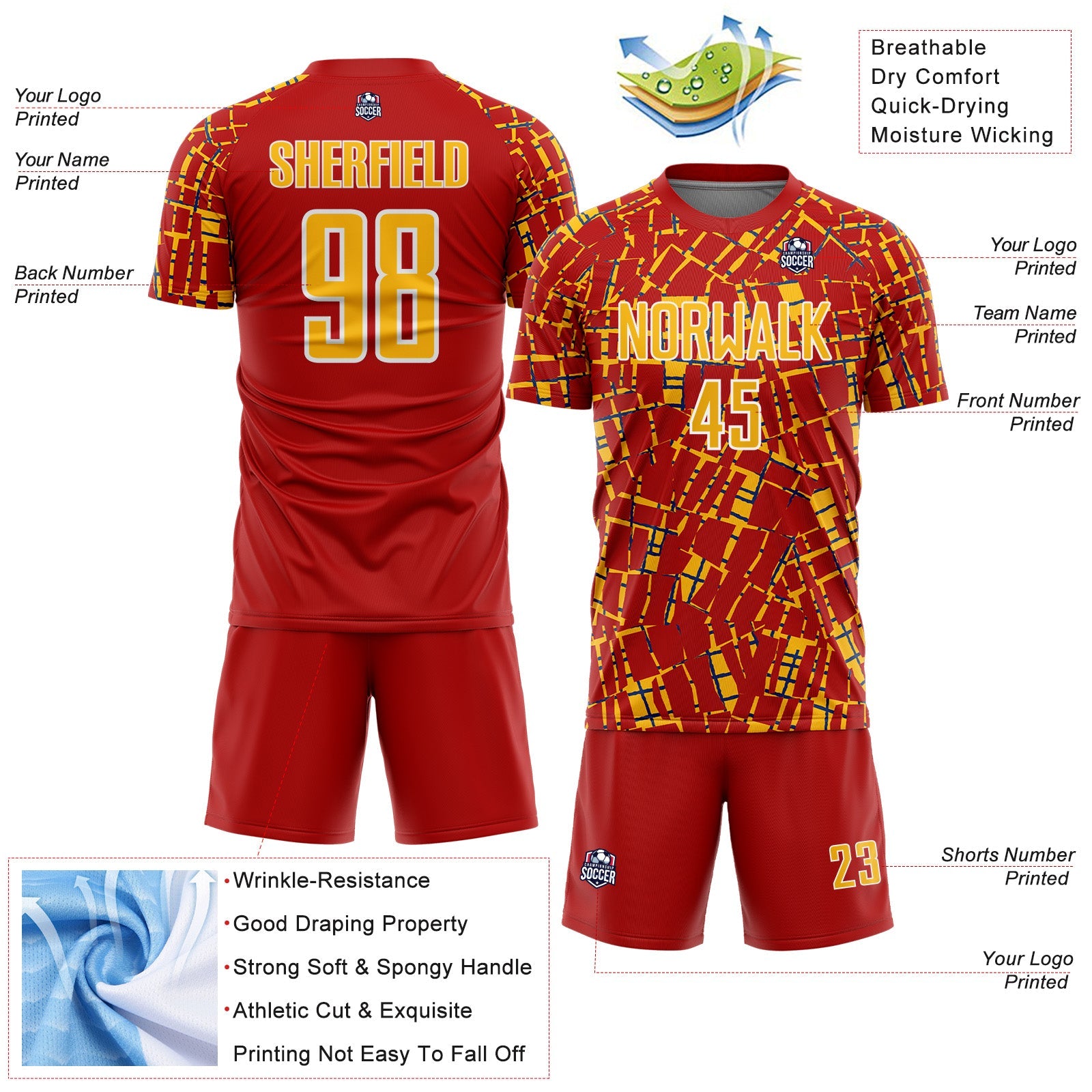 Custom Red Gold White-Blue Abstract Line Sports Sublimation Soccer Uniform Jersey view 4