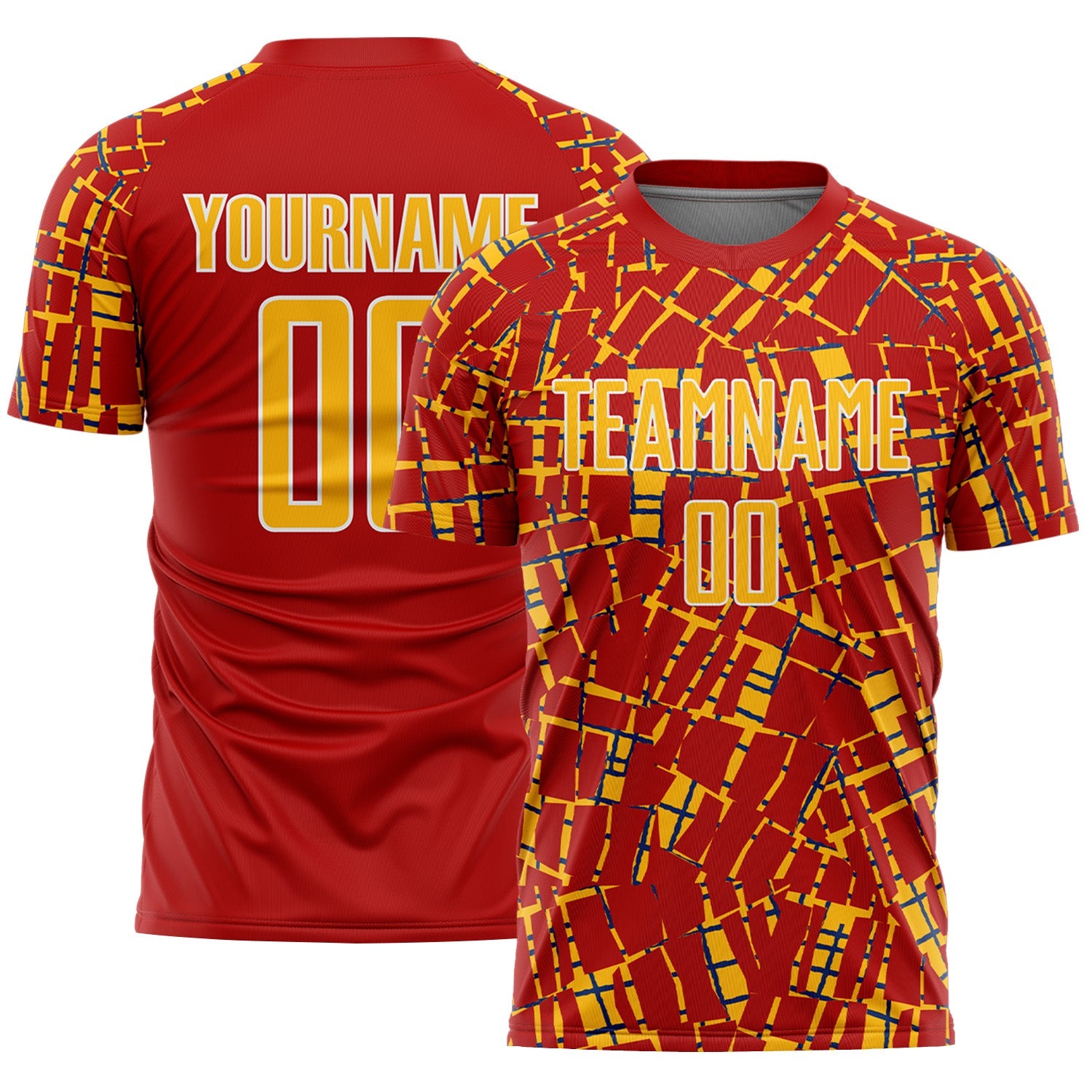 Custom Red Gold White-Blue Abstract Line Sports Sublimation Soccer Uniform Jersey - Main View