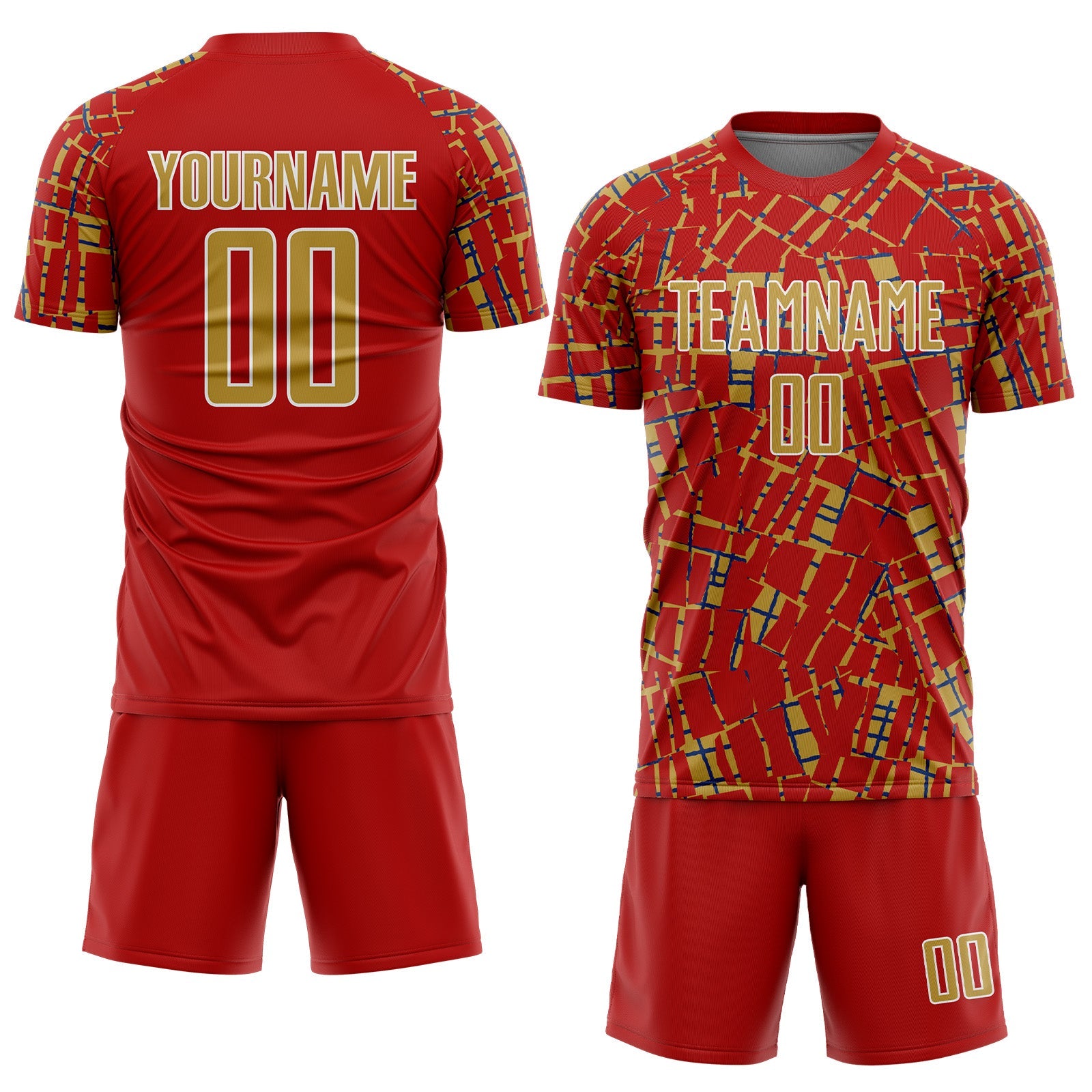 Custom Red Old Gold White-Blue Abstract Line Sports Sublimation Soccer Uniform Jersey view 2