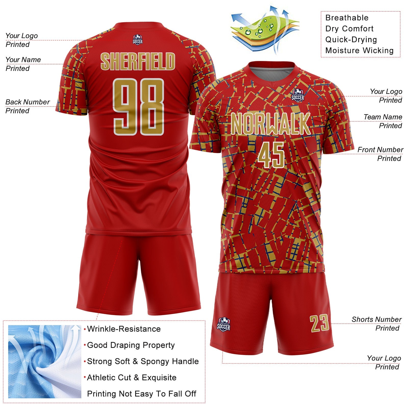 Custom Red Old Gold White-Blue Abstract Line Sports Sublimation Soccer Uniform Jersey view 4