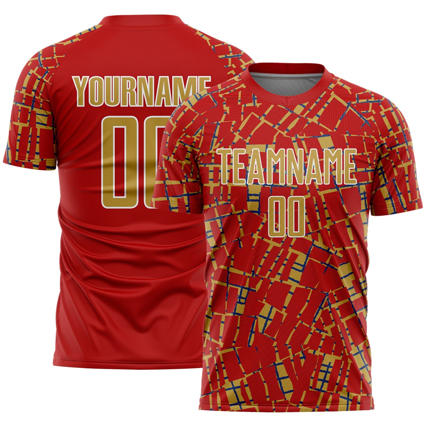 Custom Red Old Gold White-Blue Abstract Line Sports Sublimation Soccer Uniform Jersey - Main View