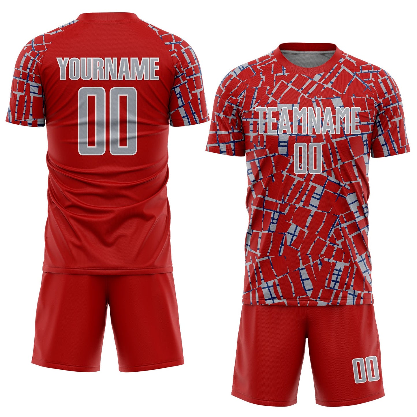 Custom Red Gray White-Blue Abstract Line Sports Sublimation Soccer Uniform Jersey view 2