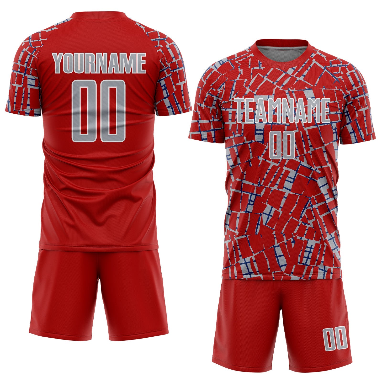 Custom Red Gray White-Blue Abstract Line Sports Sublimation Soccer Uniform Jersey view 2