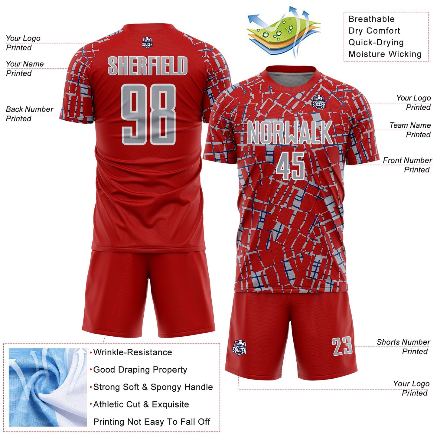 Custom Red Gray White-Blue Abstract Line Sports Sublimation Soccer Uniform Jersey view 4
