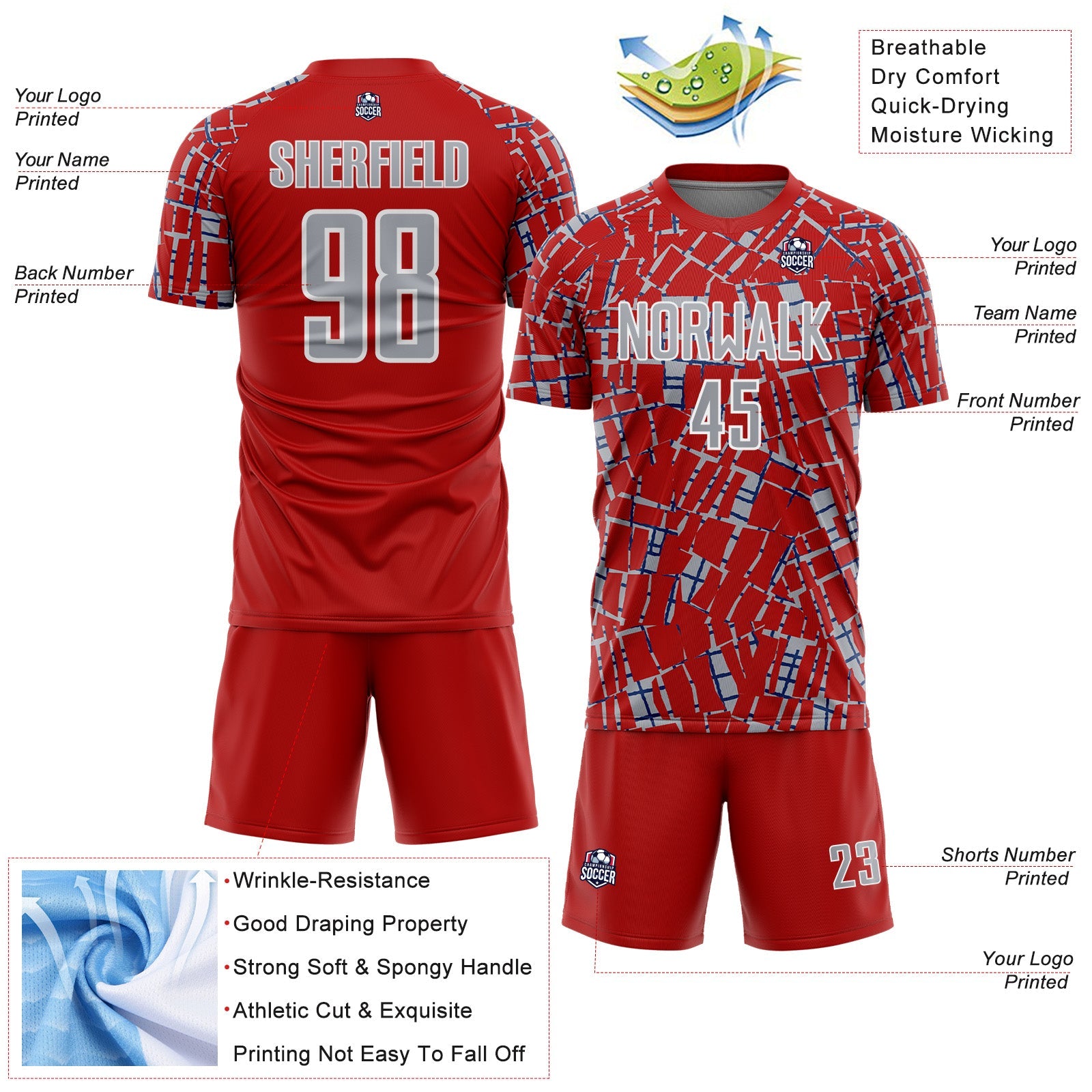 Custom Red Gray White-Blue Abstract Line Sports Sublimation Soccer Uniform Jersey view 4