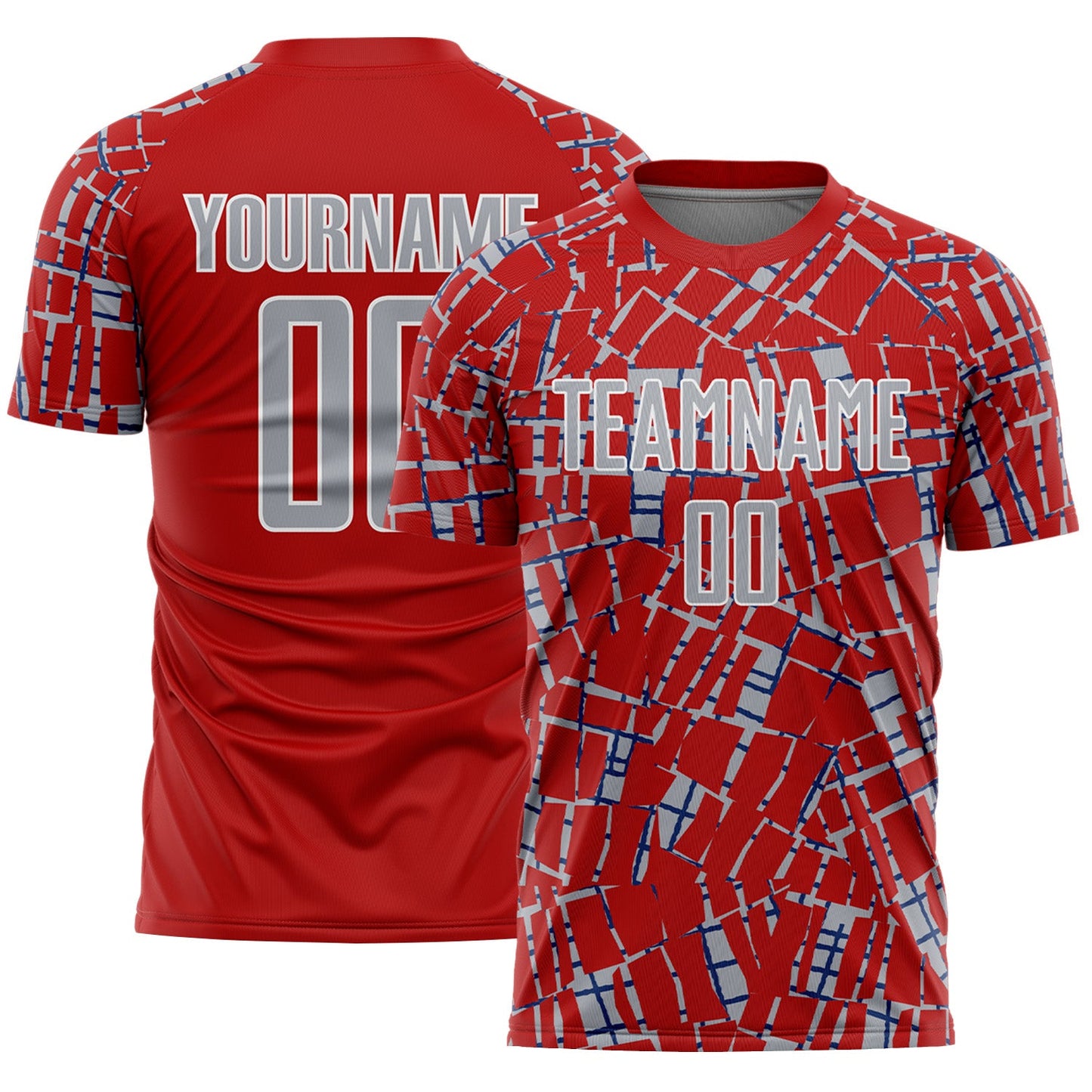 Custom Red Gray White-Blue Abstract Line Sports Sublimation Soccer Uniform Jersey - Main View