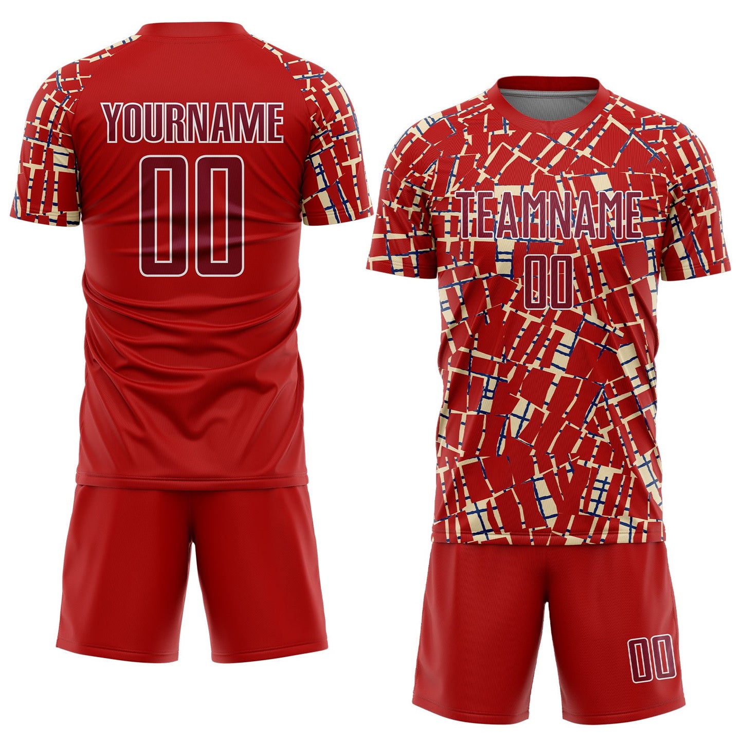 Custom Red Crimson Cream White-Blue Abstract Line Sports Sublimation Soccer Uniform Jersey view 2