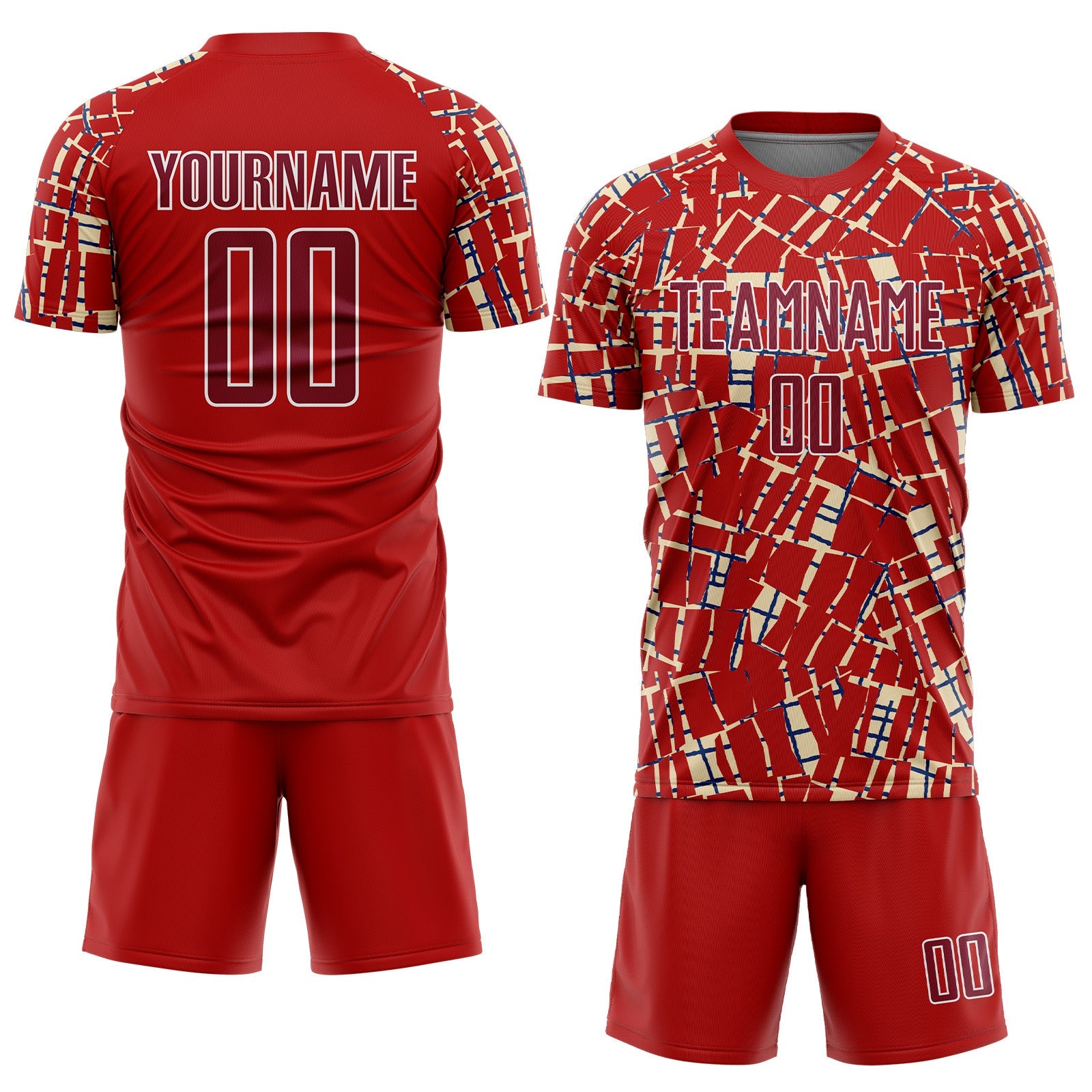 Custom Red Crimson Cream White-Blue Abstract Line Sports Sublimation Soccer Uniform Jersey view 2