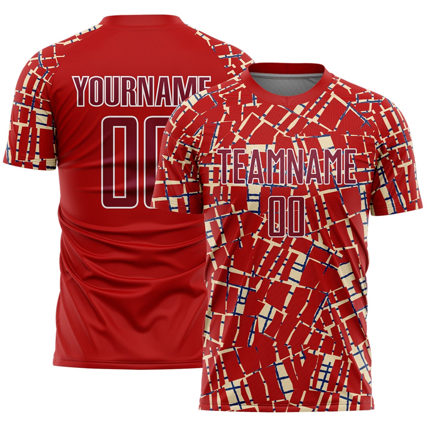 Custom Red Crimson Cream White-Blue Abstract Line Sports Sublimation Soccer Uniform Jersey - Main View