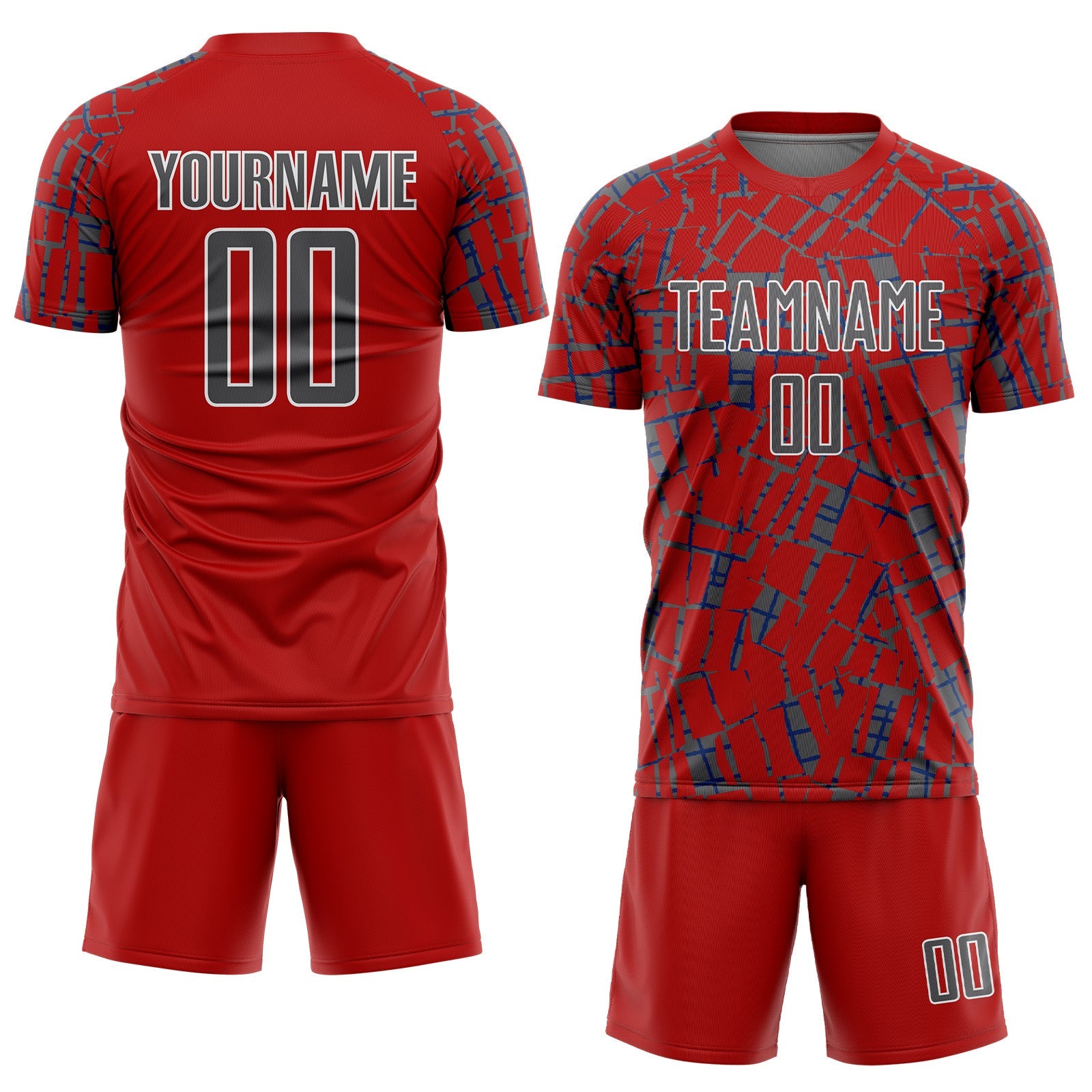 Custom Red Steel Gray-White Abstract Line Sports Sublimation Soccer Uniform Jersey view 2