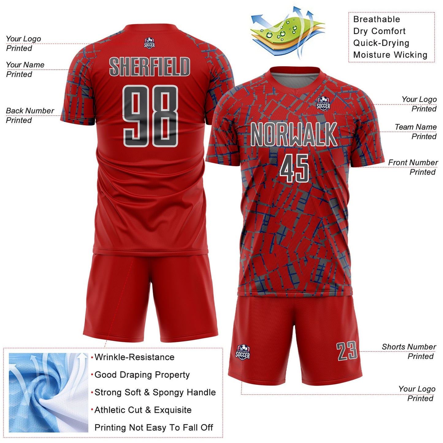 Custom Red Steel Gray-White Abstract Line Sports Sublimation Soccer Uniform Jersey view 4