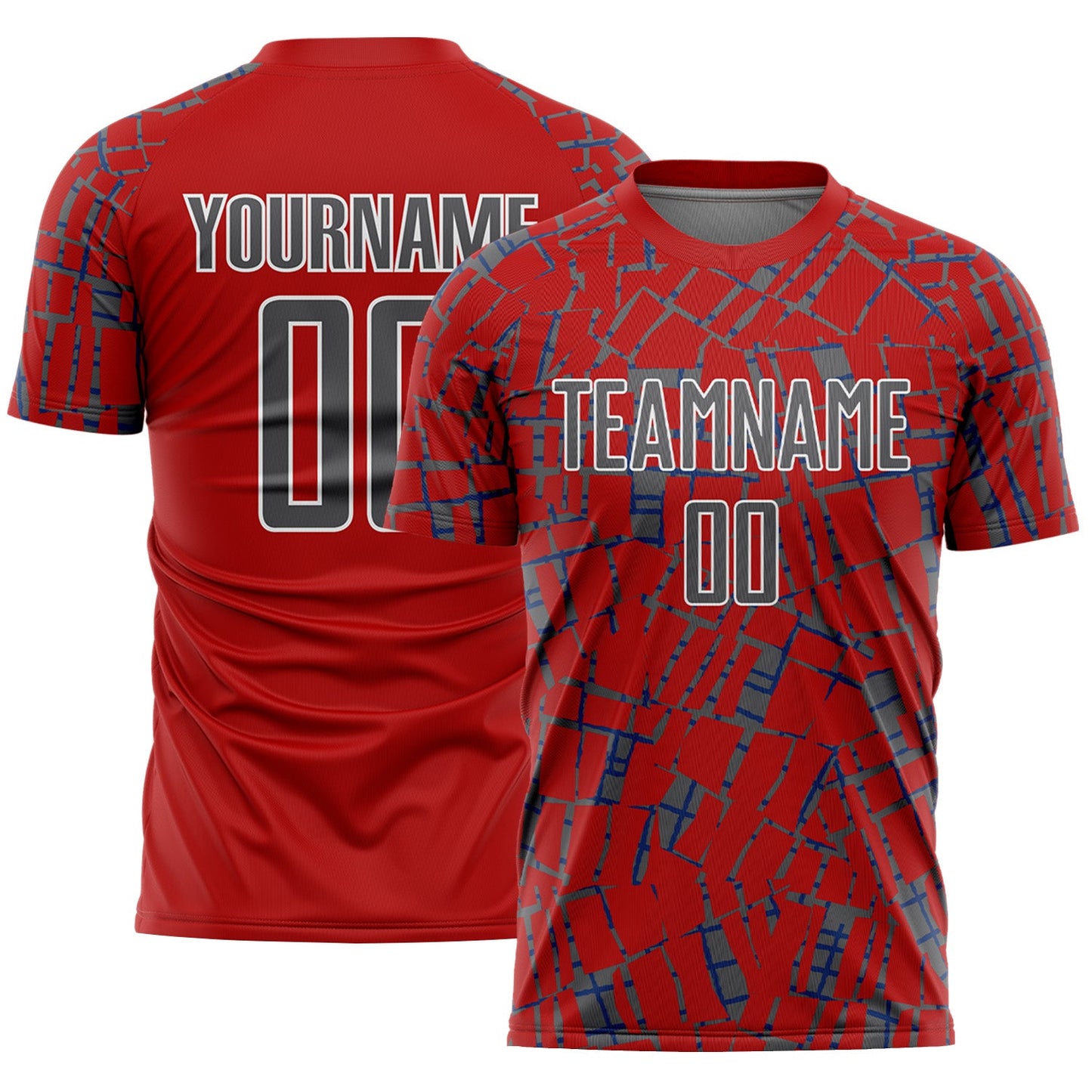 Custom Red Steel Gray-White Abstract Line Sports Sublimation Soccer Uniform Jersey - Main View