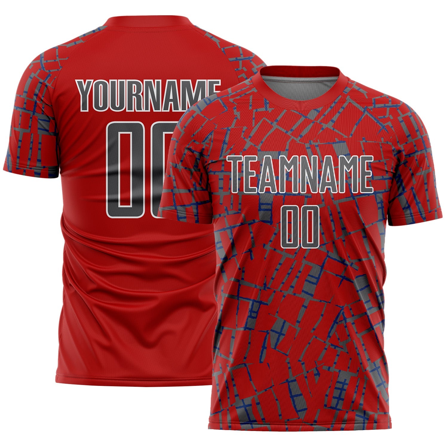 Custom Red Steel Gray-White Abstract Line Sports Sublimation Soccer Uniform Jersey - Main View