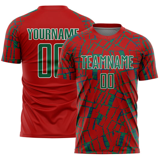 Custom Red Kelly Green-White Abstract Line Sports Sublimation Soccer Uniform Jersey - Main View
